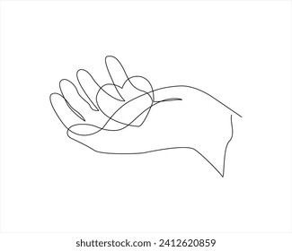 Hand with heart one line art,love concept continuous contour drawing,hand-drawn Valentine's day decoration.Romance, engagement and marriage symbol. Editable stroke. stock illustration