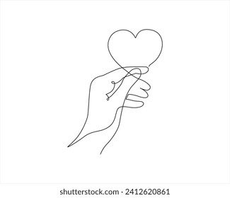 Hand with heart one line art,love concept continuous contour drawing,hand-drawn Valentine's day decoration.Romance, engagement and marriage symbol. Editable stroke. stock illustration