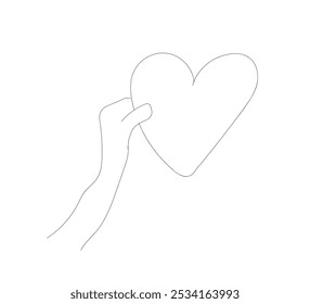 Mano con el corazón una línea de arte, concepto de amor continuo contorno de dibujo, dibujado a mano decoración del día de San Valentín. Romance, compromiso y símbolo de matrimonio. Vector hecho a mano, no IA.