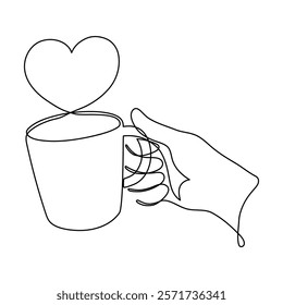 Hand with heart one line art,love feeling concept continuous contour drawing,hand-drawn Valentine's day decoration.Romance,engagement and marriage symbol. Editable stroke.Isolated.Vector illustration