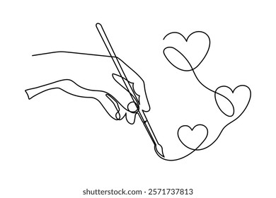 Hand with heart one line art,love feeling concept continuous contour drawing,hand-drawn Valentine's day decoration.Romance,engagement and marriage symbol. Editable stroke.Isolated.Vector illustration