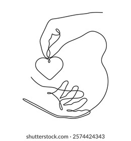 Hand with heart one line art,love feeling concept continuous contour drawing,hand-drawn Valentine's day decoration.Romance,engagement and marriage symbol. Editable stroke.Isolated.Vector illustration