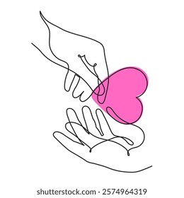 Hand with heart one line art,love feeling concept continuous contour drawing,hand-drawn Valentine's day decoration.Romance,engagement and marriage symbol. Editable stroke.Isolated.Vector illustration