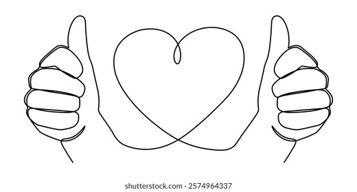 Hand with heart one line art,love feeling concept continuous contour drawing,hand-drawn Valentine's day decoration.Romance,engagement and marriage symbol. Editable stroke.Isolated.Vector illustration