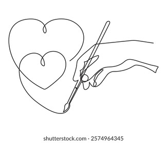 Hand with heart one line art,love feeling concept continuous contour drawing,hand-drawn Valentine's day decoration.Romance,engagement and marriage symbol. Editable stroke.Isolated.Vector illustration