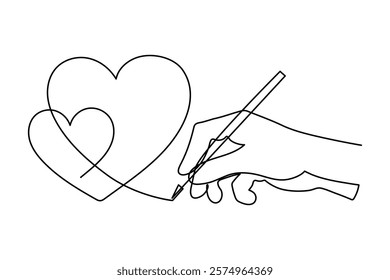 Hand with heart one line art,love feeling concept continuous contour drawing,hand-drawn Valentine's day decoration.Romance,engagement and marriage symbol. Editable stroke.Isolated.Vector illustration