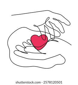 Hand with heart one line art,love feeling concept continuous contour drawing,hand-drawn Valentine's day decoration.Romance,engagement and marriage symbol. Editable stroke.Isolated.Vector illustration