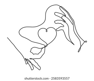 Hand with heart one line art,love feeling concept continuous contour drawing,hand-drawn Valentine's day decoration.Romance,engagement and marriage symbol. Editable stroke.Isolated.Vector illustration