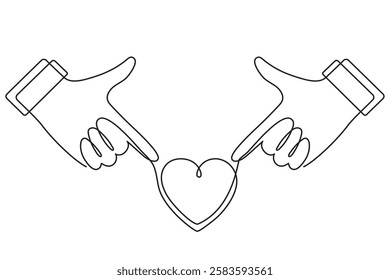 Hand with heart one line art,love feeling concept continuous contour drawing,hand-drawn Valentine's day decoration.Romance,engagement and marriage symbol. Editable stroke.Isolated.Vector illustration