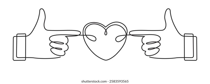 Hand with heart one line art,love feeling concept continuous contour drawing,hand-drawn Valentine's day decoration.Romance,engagement and marriage symbol. Editable stroke.Isolated.Vector illustration