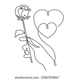 Hand with heart one line art,love feeling concept continuous contour drawing,hand-drawn Valentine's day decoration.Romance,engagement and marriage symbol. Editable stroke.Isolated.Vector illustration