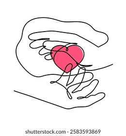 Hand with heart one line art,love feeling concept continuous contour drawing,hand-drawn Valentine's day decoration.Romance,engagement and marriage symbol. Editable stroke.Isolated.Vector illustration