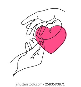 Hand with heart one line art,love feeling concept continuous contour drawing,hand-drawn Valentine's day decoration.Romance,engagement and marriage symbol. Editable stroke.Isolated.Vector illustration