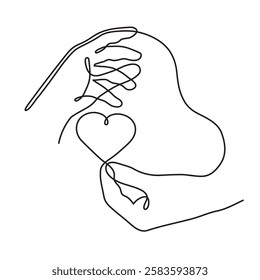 Hand with heart one line art,love feeling concept continuous contour drawing,hand-drawn Valentine's day decoration.Romance,engagement and marriage symbol. Editable stroke.Isolated.Vector illustration