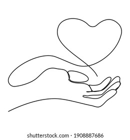 Hand with Heart one line. Continuous drawing of one editable line. Valentine's card, Valentine's Day, wedding, romantic concept. Abstract hand. Vector illustration.