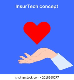 Hand, Herz in der Handfläche. InsurTech-Konzept. Das Konzept der Versicherungstechnologie in der Medizin. Technologien im Versicherungsgeschäft. Versicherung für mobile Anwendungen.