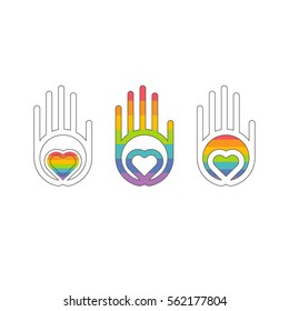 Hand, heart and rainbow icons. Linear style