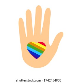 Mano con ilustración vectorial de arco iris cardíaco .Lgbt bandera forma de corazón arco iris.