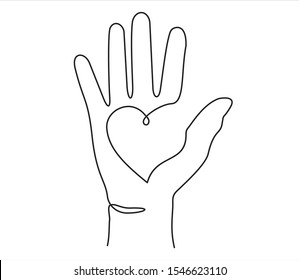 Hand with heart. Raised hands volunteering vector concept one line