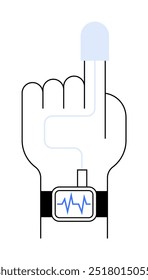 Una mano con un reloj de monitoreo de frecuencia cardíaca conectado a un sensor en el dedo índice. Ideal para tecnología de la salud, dispositivos médicos, tecnología portátil, seguimiento de la aptitud física y telemedicina. Arte lineal simple.