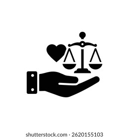A hand with a heart and scales, symbolizing ethical judgment and balance in decision making