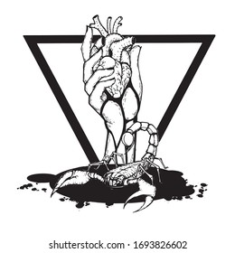Hand Herz und Skorpion Vektorillustration. Illustrator für Handzeichen. Line Art. Tattoo-Design. Vorlage für Logo-Karte Tattoo. 