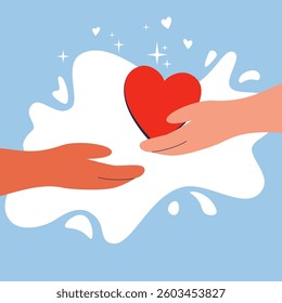 Hand with heart shape. Hand giving heart and hand receiving heart. Concept of love, help and compassion, support, sympathy, kindness. Flat vector illustration.