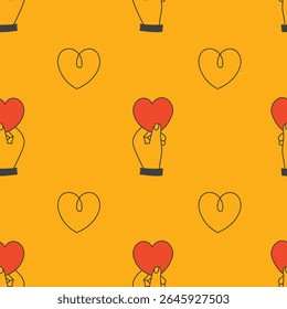 Hand with Heart Shape Seamless Pattern. Gratitude Doodle Background in Vintage Retro Style with Gestures Holding and Showing Love. Repeat vector Illustration