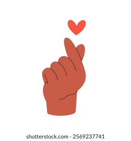 Hand with heart sign. Love finger gesture. Concept of love, romantic relationship, help, care, charity, philanthropy and donation. Vector illustration in flat style