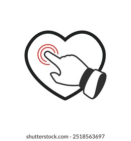 Hand and heart sign for social media, blog, vlog, web, banner, print, card. Click on Heart button with hand pointer clicking. 