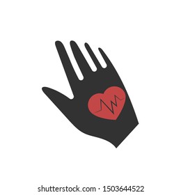 Hand with heart sign vector icon. 
Illustration of hand and heart isolated on white background. Medicine icon. Vector web design