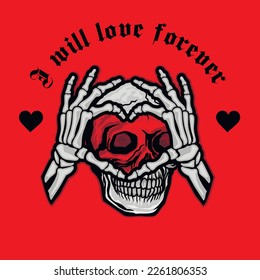 Hand heart skeleton and skull, grunge vintage design t shirts 