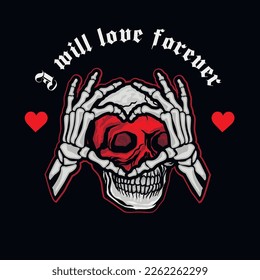Hand heart skeleton and skull, grunge vintage design t shirts 