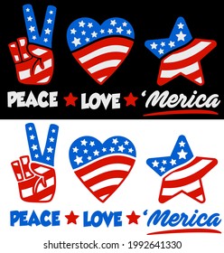 Hand heart and star with Peace Love 'Merica phrase. Celebration of 4th of July USA Independence Day vector tee shirt design. Designed in Stars and Stripes. 