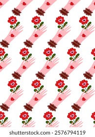 A hand with a heart tattoo holds a flower. Valentine's Day, February 14, festive seamless pattern. Vector background