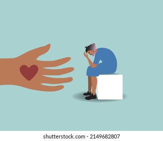 Hand with heart and unhappy woman in despair. Flat vector stock illustration is isolated. Support symbol. Concept of assistance to refugees, migrants. Sad, tired young refugee