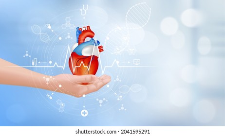 Hand and heart using digital x-ray of human heart holographic scan projection 3D rendering. ​Icon diagnostics analysis medical on modern screen interface network. Medical technology concept. Vector.