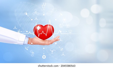 Hand and heart using digital x-ray of human heart holographic scan projection 3D rendering. ​Icon diagnostics analysis medical on modern screen interface network. Medical technology concept. Vector.