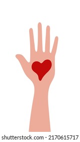 Hand with heart vector. Help, donations concept illustration. A person gives support, a heart. Symbol of volunteers and volunteering. Life, donor sign.