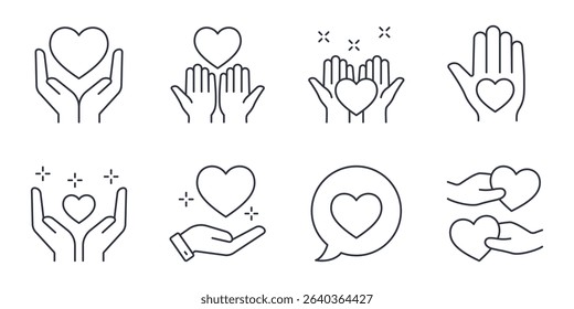 Hand and heart vector icons. Editable stroke line set. Love care donation and support. Symbols for charity healthcare humanitarian aid gratitude and emotional connection. Illustration white background