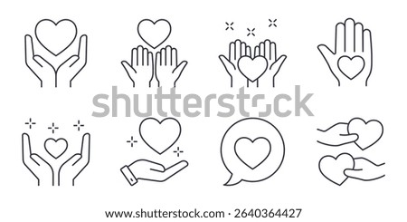 Hand and heart vector icons. Editable stroke line set. Love care donation and support. Symbols for charity healthcare humanitarian aid gratitude and emotional connection. Illustration white background
