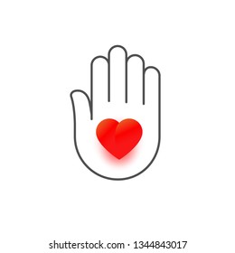 Hand with heart vector outline icon, help care concept, palm logo symbol, 3d illustration isolated on white.