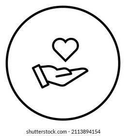 Icono de la línea del corazón de mano dentro del círculo, cuidado, contorno negro, iconos de línea.