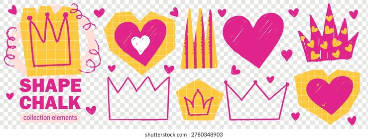 Hand hearth scrapbook with drawn crown crayon and chalk brush sketch. Heart board outline with collage handwritten stroke and paper cut design. Red texture hand with pattern scribble drawn.