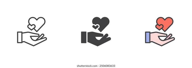 Hand with hearts different style icon set. Line, glyph and filled outline colorful version, outline and filled vector sign. Love, valentine day Symbol, logo illustration. Vector graphics