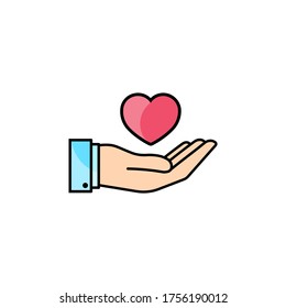 Hand with hearts icon flat. Love stories symbol. Valentines day concept. Vector on isolated white background. Eps 10 vector.