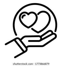 Hand and hearts icon. Outline hand and hearts vector icon for web design isolated on white background