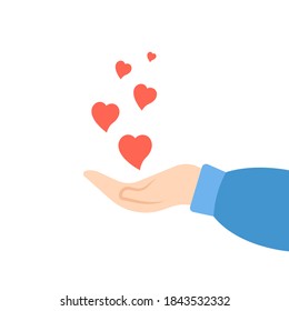 Hand with hearts isolated on white background. Flat style. Vector illustration