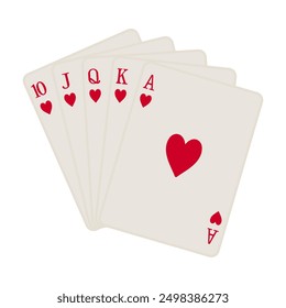 A hand of hearts playing cards including ten, jack, queen, king and ace to make a royal flush or straight flush in vector