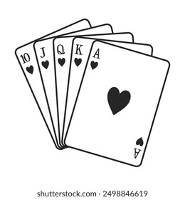 A hand of hearts playing cards including ten, jack, queen, king and ace to make a royal flush or straight flush in vector outline